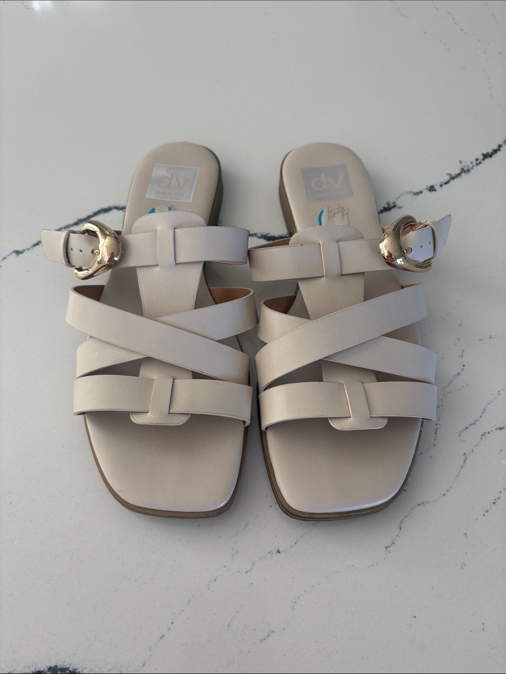 DV by Dolce Vita Cream Strappy Slide Sandals with Gold Buckle